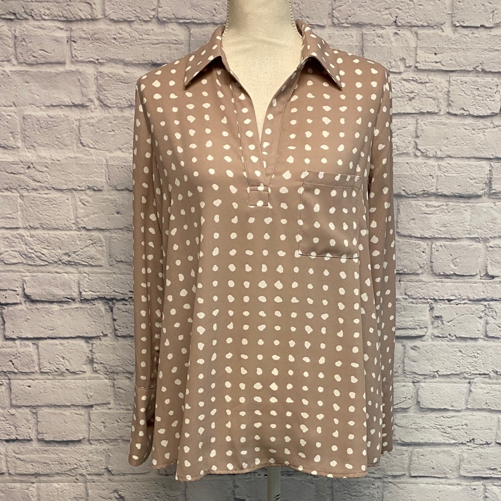 Pleione Tan and White Polka Dot Blouse Size Small